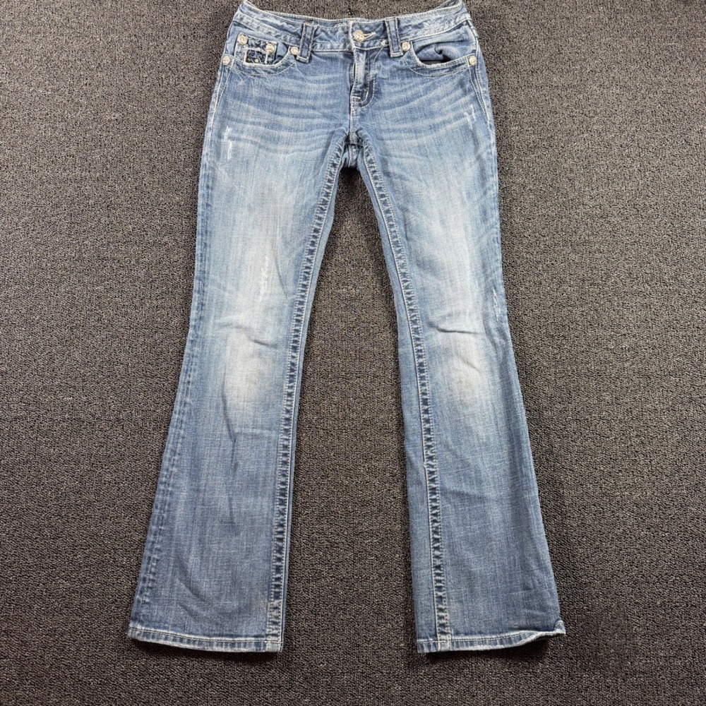 Miss Me Low Rise Bootcut Jeans Women 27 Medium Wash Embellished Buckle Exclusive